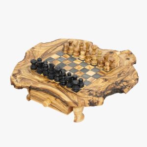Olive Wood large rustic chess game with drawers storage tiles size 40 mm