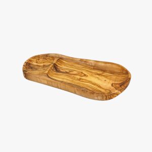 Olive Wood rustic serving platter divided into one main dish and one side dish