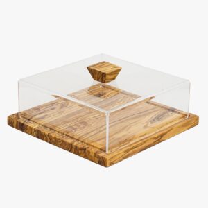 Olive Wood square tray with plastic lid and wooden handle-plastique size 25/25