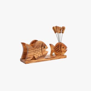 Olive Wood Fish shaped Napkin holder with (6) Picks